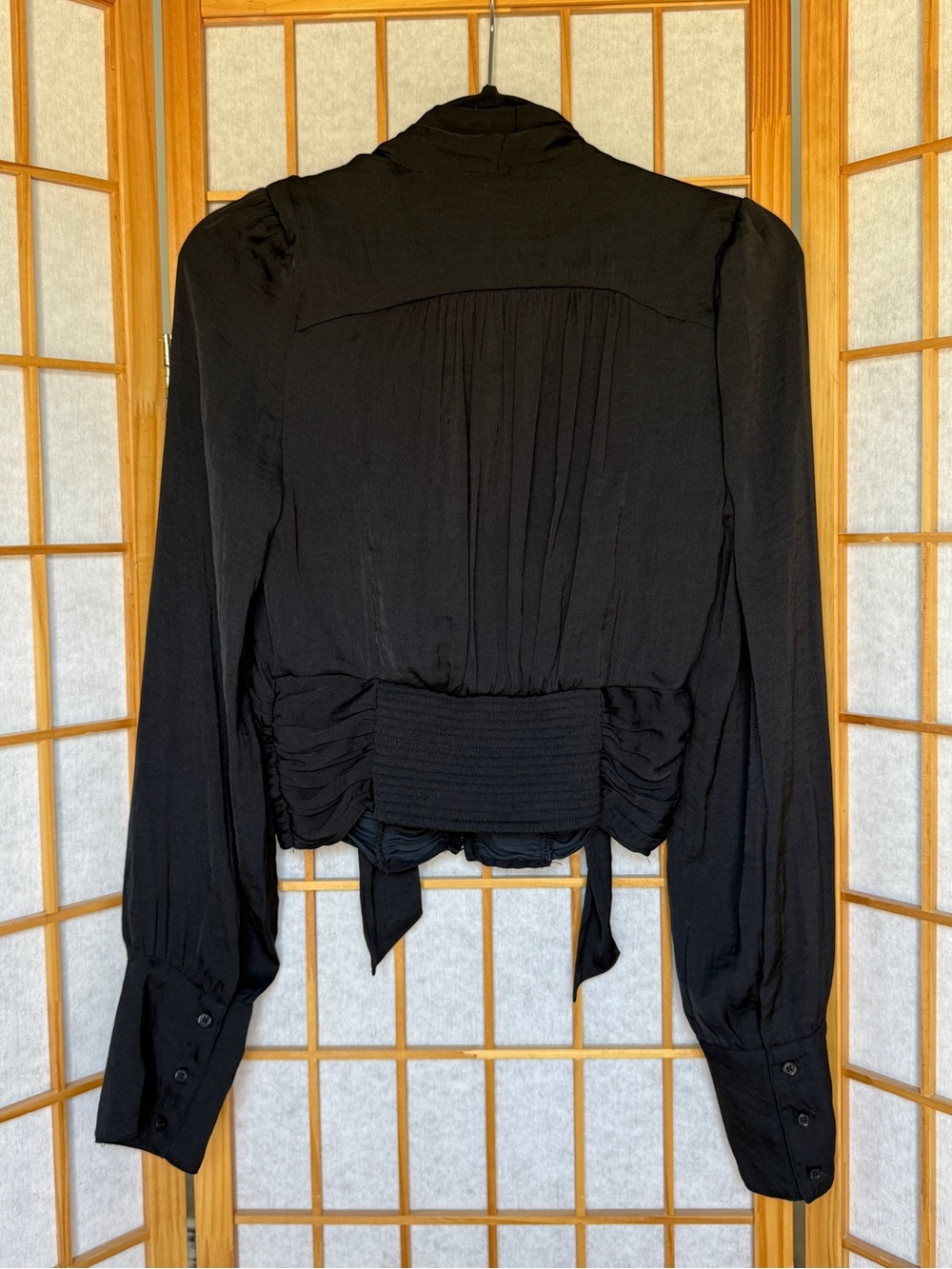 Free People Meet Me There Ruched Tie-Neck Blouse Black Top Size XS - Picture 3 of 4